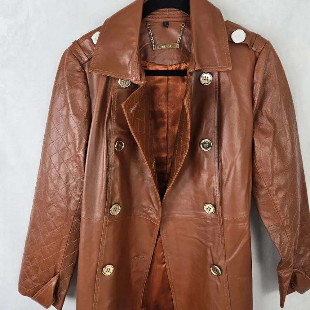 Women's Brown Leather Double-Breasted Trench Coat - Picture 3 of 11